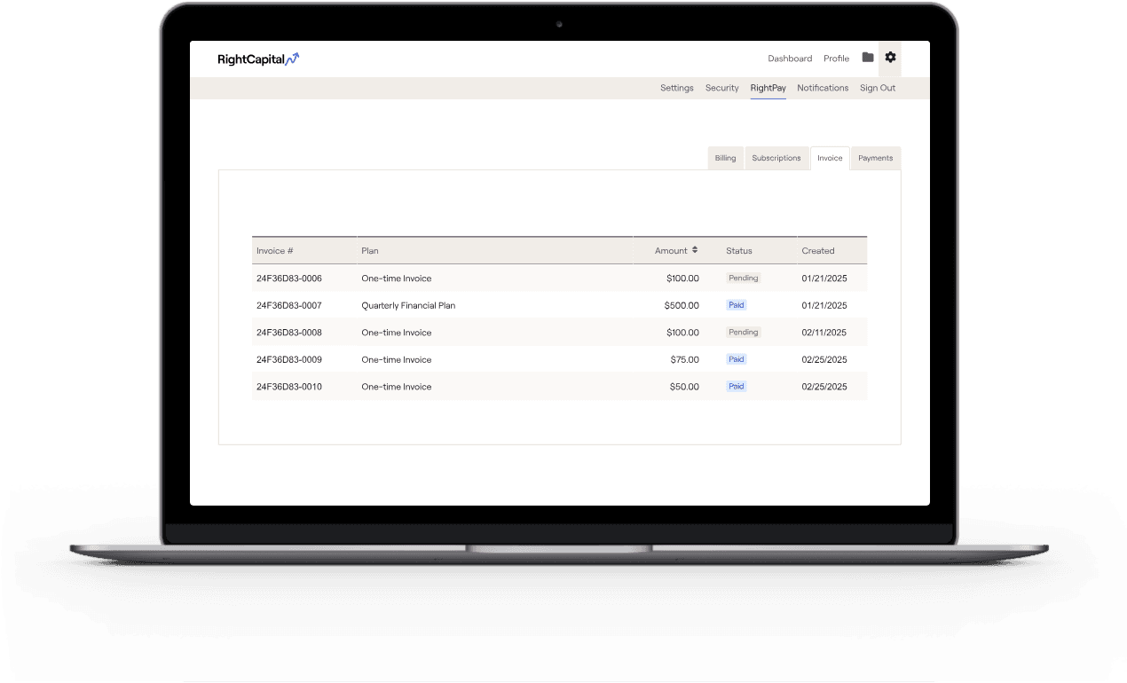 A laptop showing the RightPay tab of a client's RightCapital portal, where one-time and quarterly financial planning fees are listed with their paid or pending status