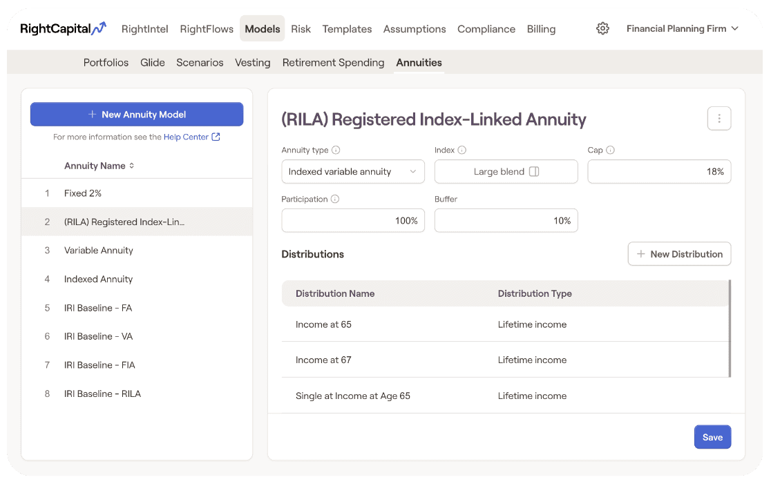 RightCapital's firm-level Models settings, with a registered index-linked annuity template open for editing at an 18% cap rate, 100% participation rate and 10% buffer