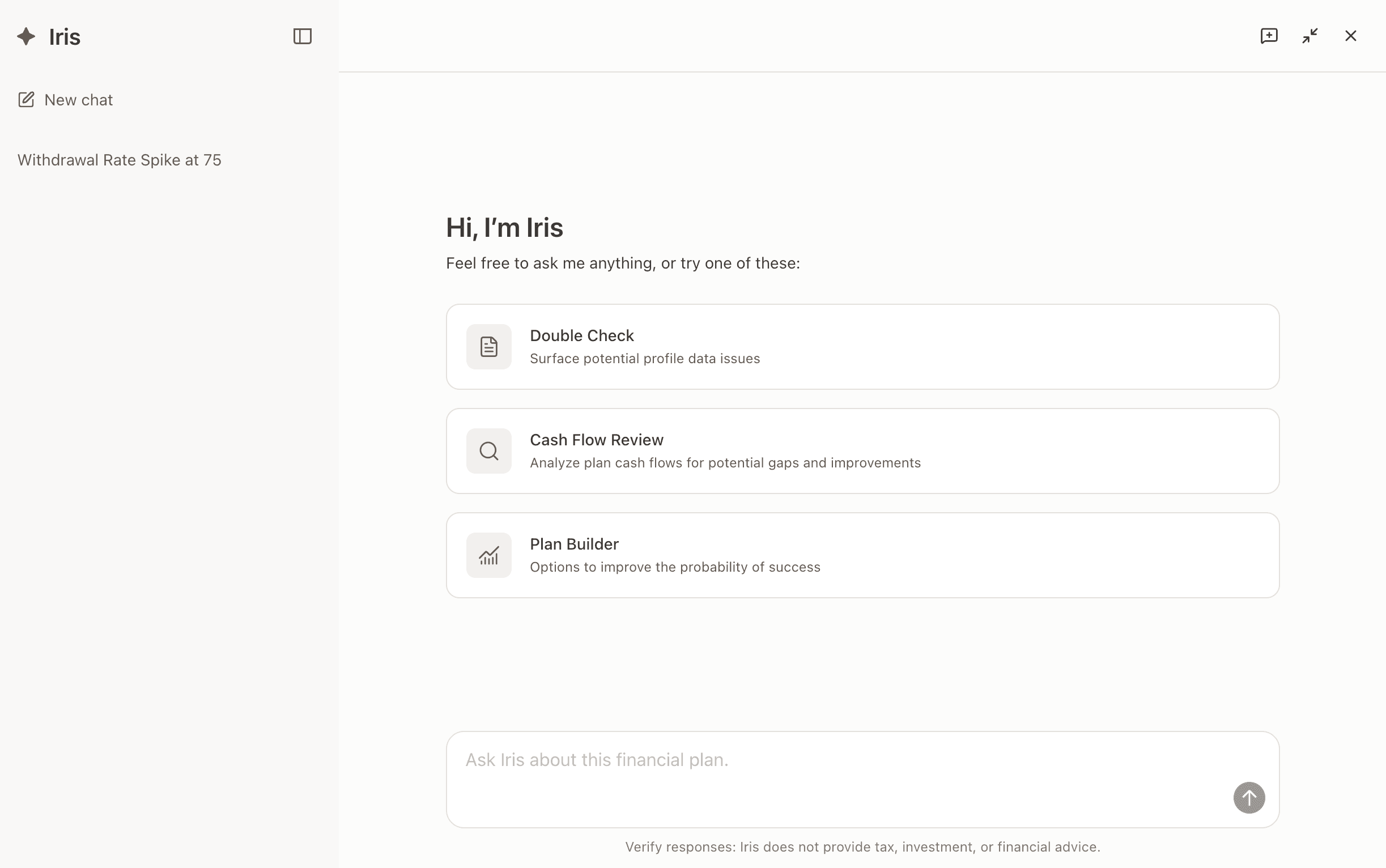 Iris AI's start screen, offering Double Check, Cash Flow Review and Plan Builder beside a list of the plan's own past conversations, with a standing note that Iris does not provide tax, investment or financial advice