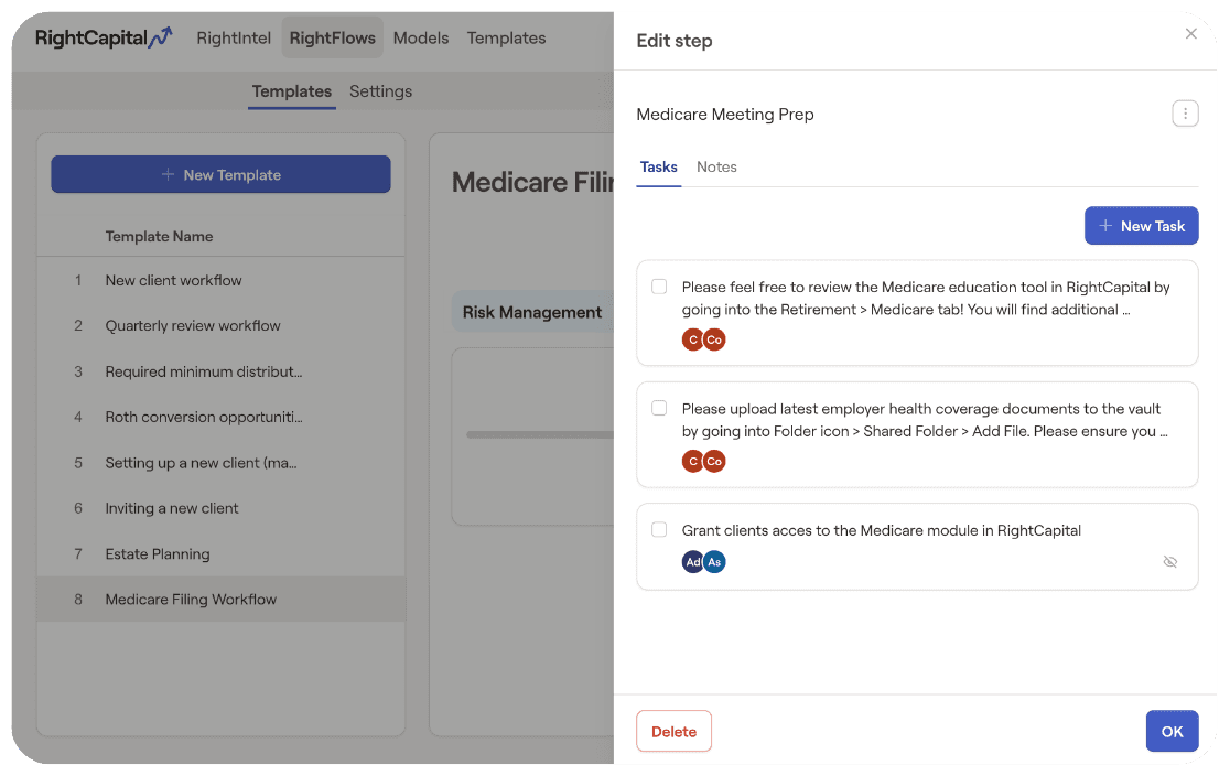 RightFlows' firm template list with one step of a Medicare filing workflow open for editing, its tasks assigned to the client, co-client or advisor