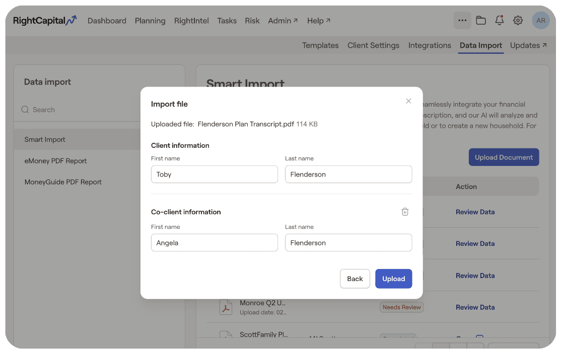 RightCapital's Smart Import turning an uploaded client document into planning inputs — name, income, expenses and goals — ready to drop into a plan