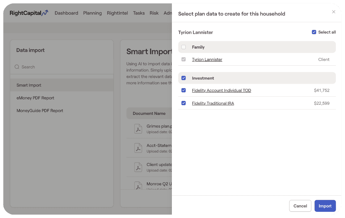 RightCapital's Smart Import asking which of the accounts it found in a statement to create for the household — an individual transfer-on-death account and a traditional IRA, each with its balance