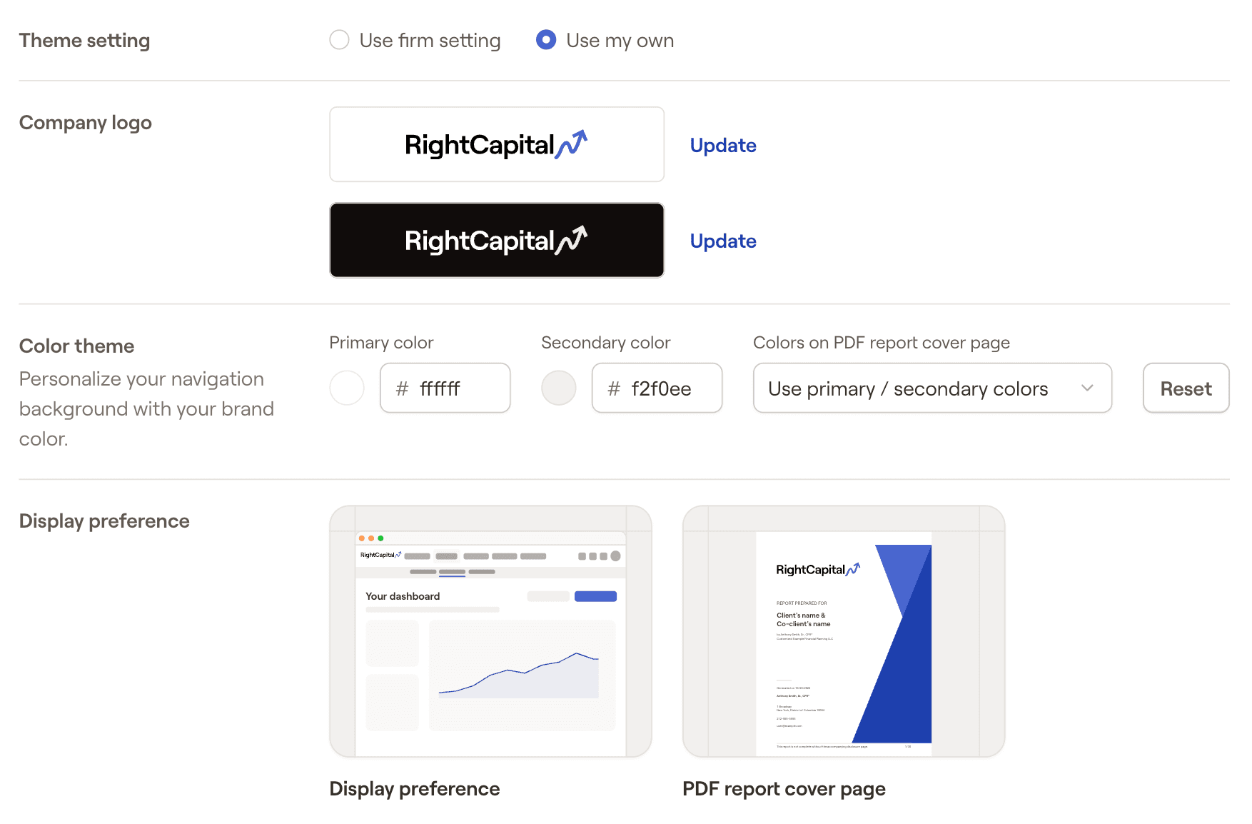 RightCapital's customization section within the advisor portal