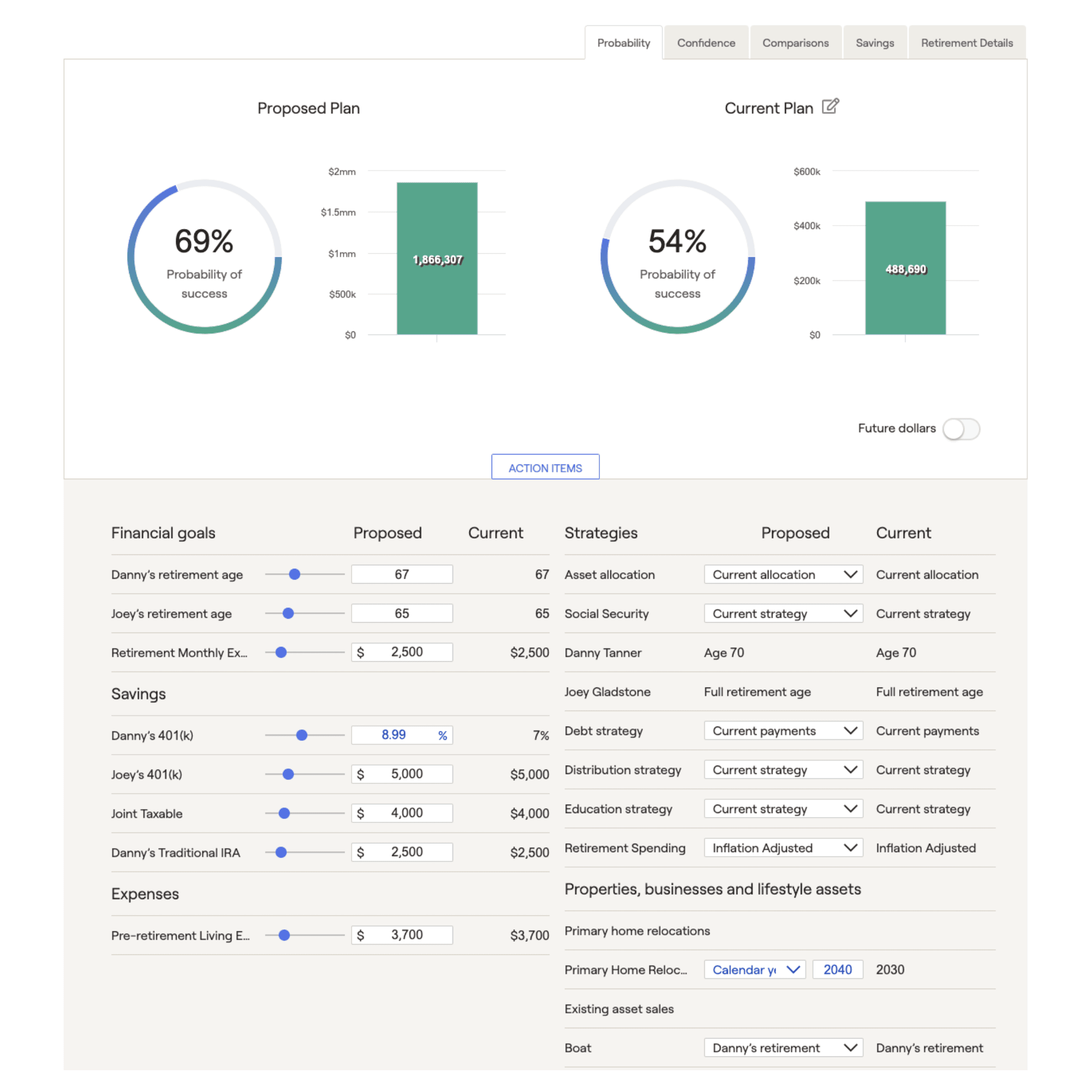 RightCapital screenshot of retirement module showing ability to slide action items and see proposed plan and current plan side-by-side