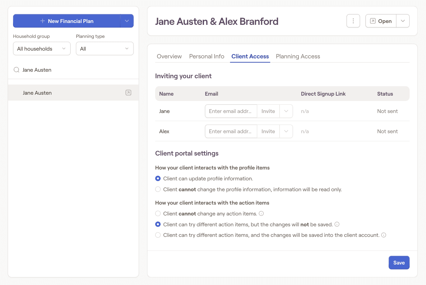 RightCapital Client Access settings interface showing options to invite clients Jane and Alex, and configure portal interaction permissions.