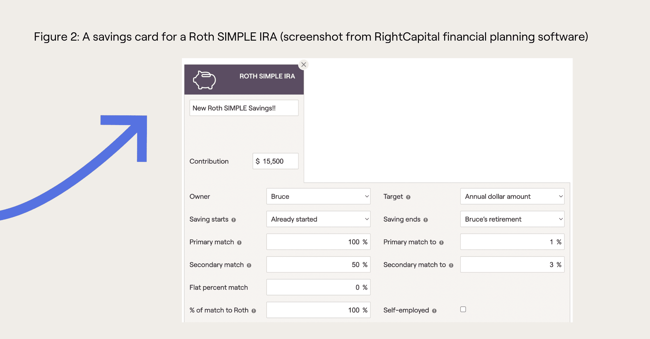 A savings card for a Roth SIMPLE IRA (screenshot from RightCapital financial planning software)