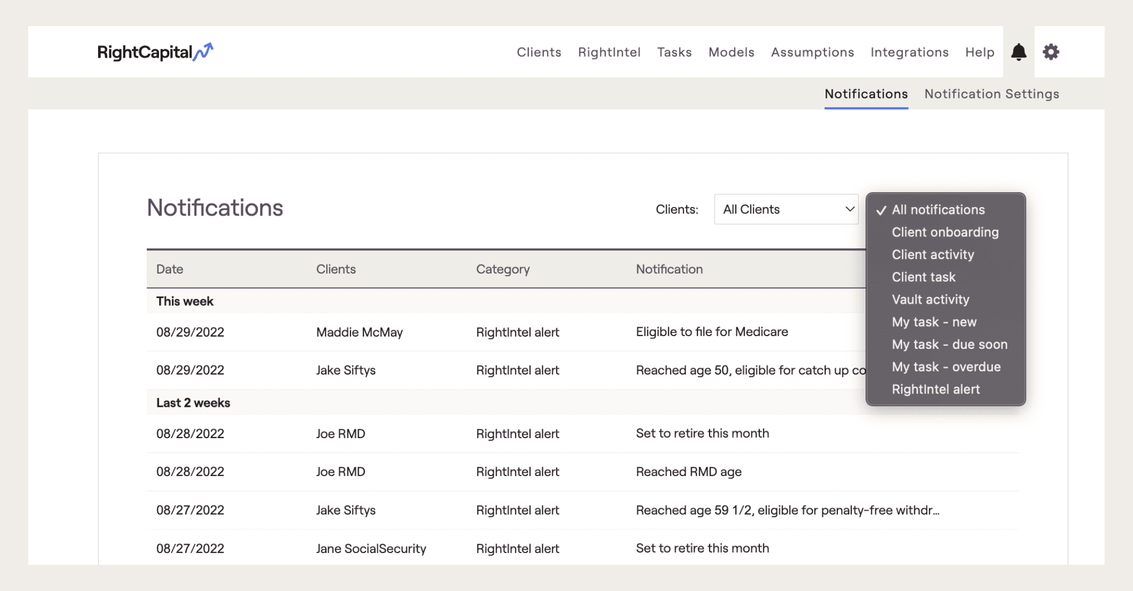 RightCapital screenshot of notification center within the advisor portal