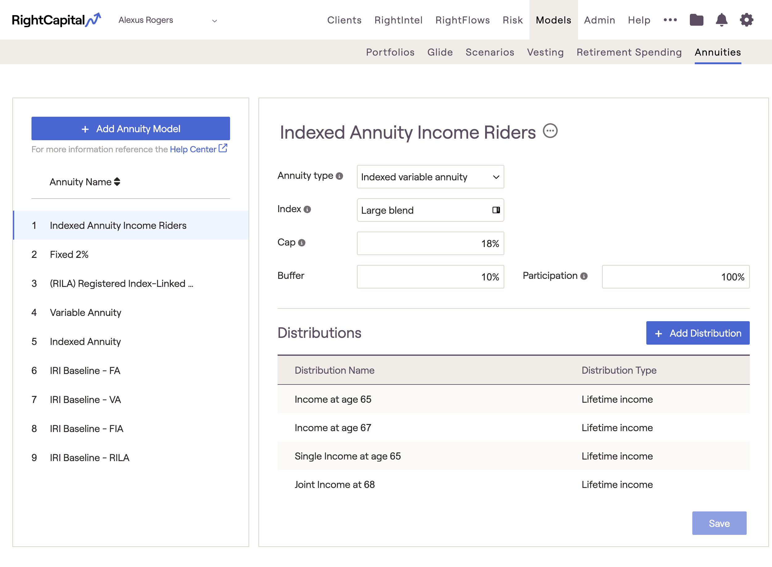 Annuity models within RightCapital's financial planning software