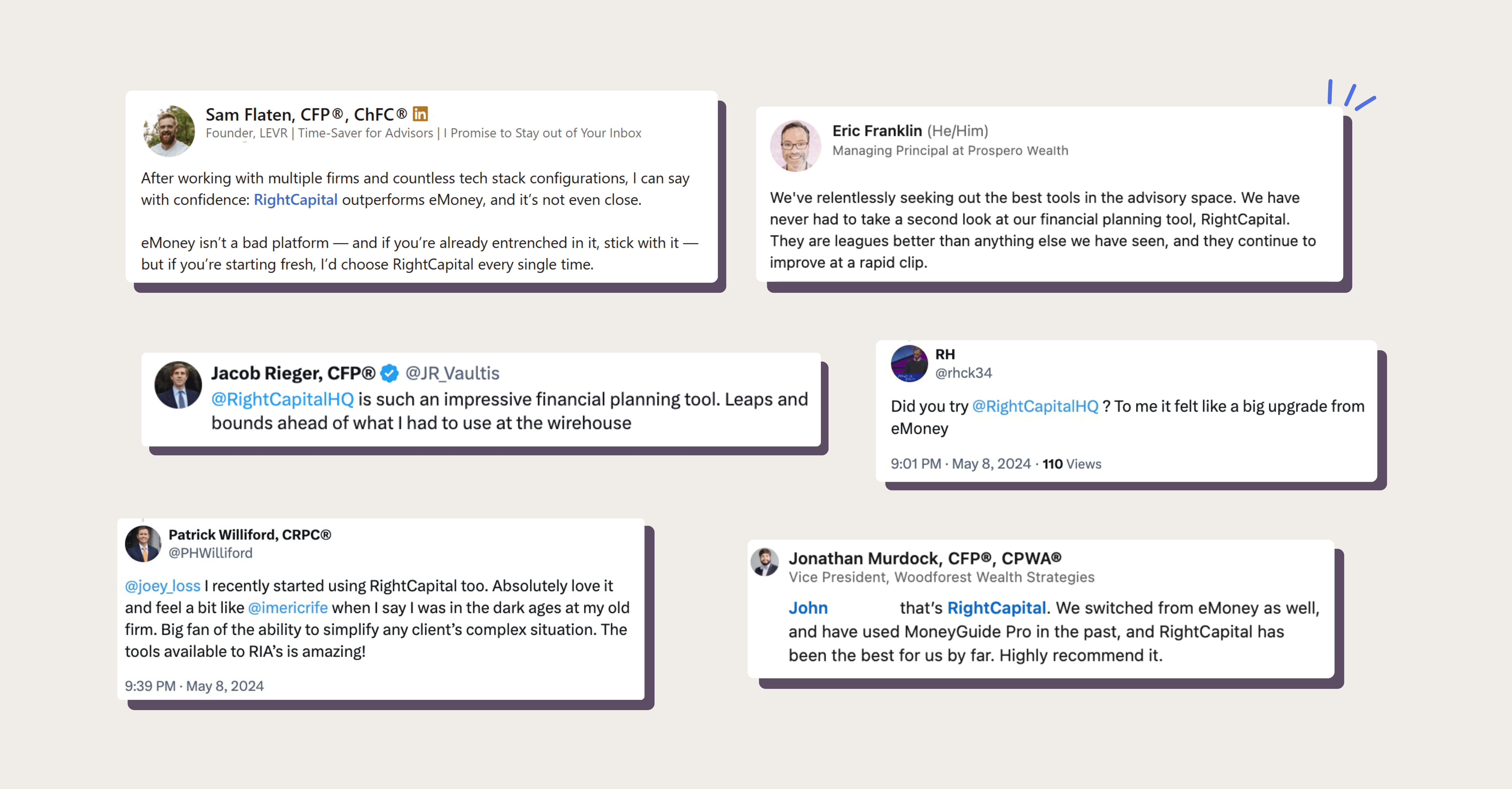 Financial advisor social media posts about RightCapital standing out vs. eMoney and MoneyGuide