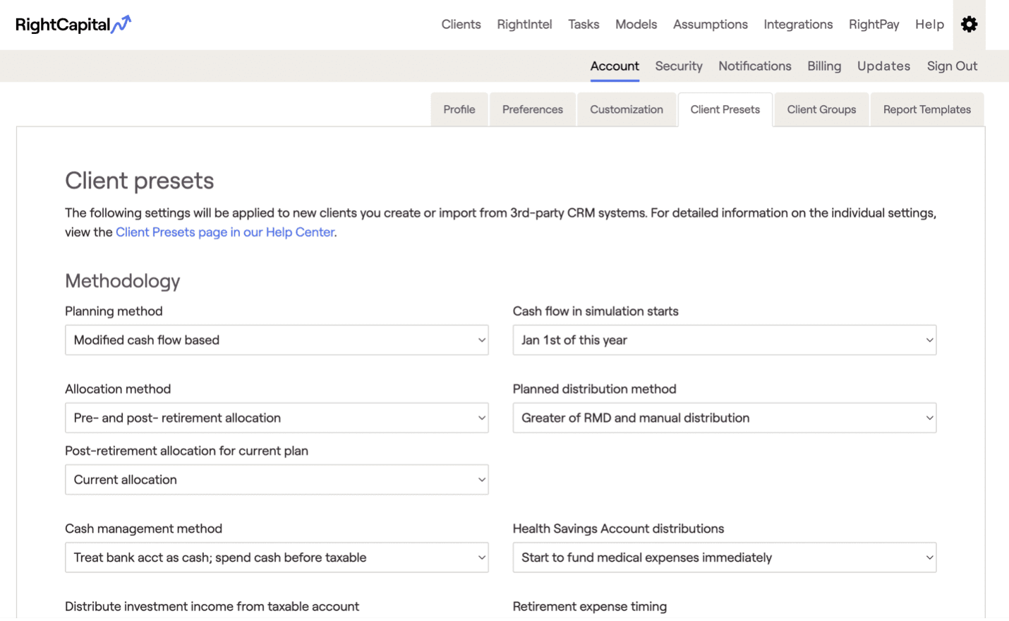 RightCapital screenshot showing the customization options in terms of client presets