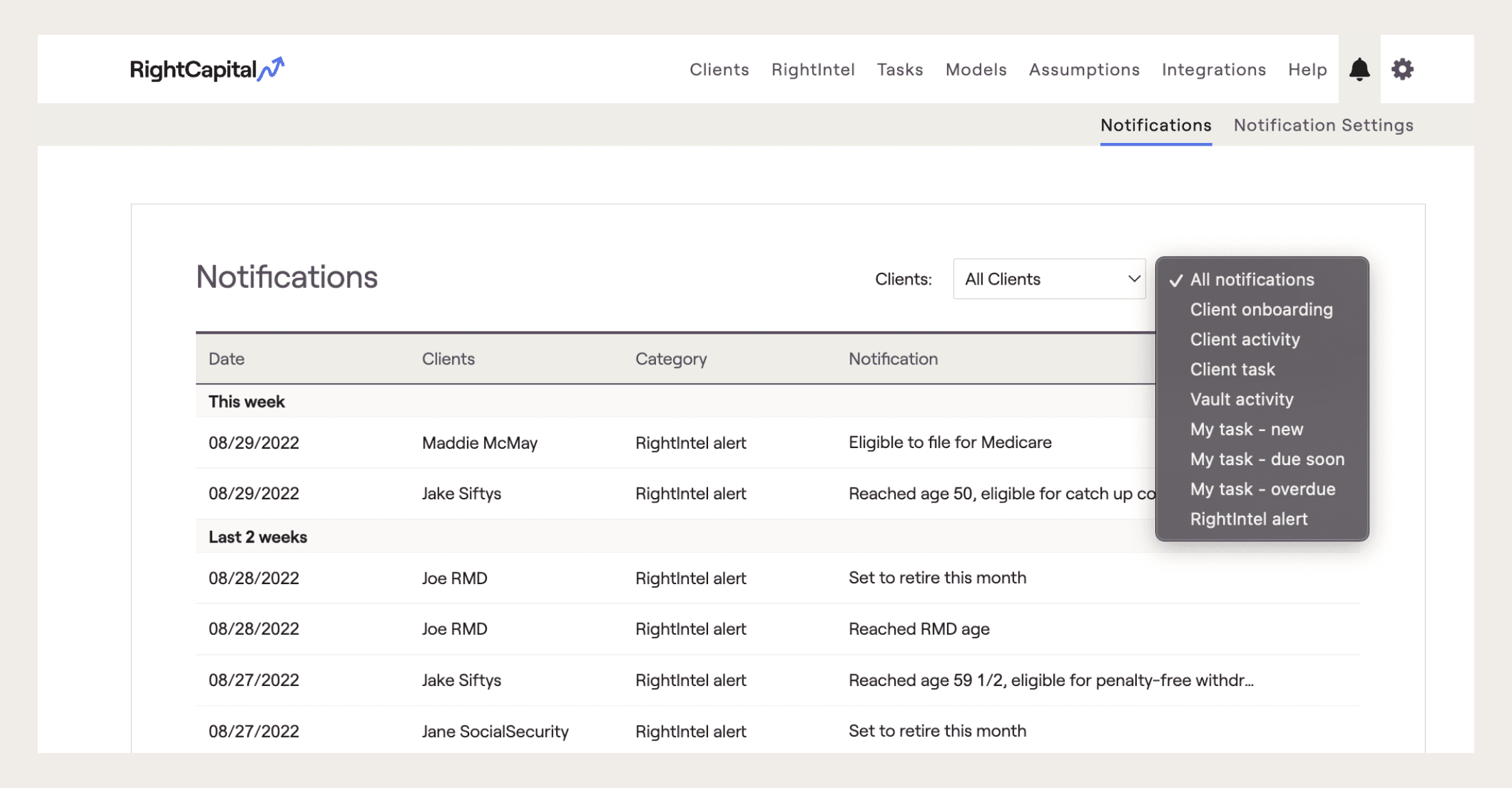 RightCapital screenshot of notification center within the advisor portal