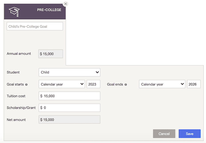 RightCapital screenshot showing pre-college savings goals