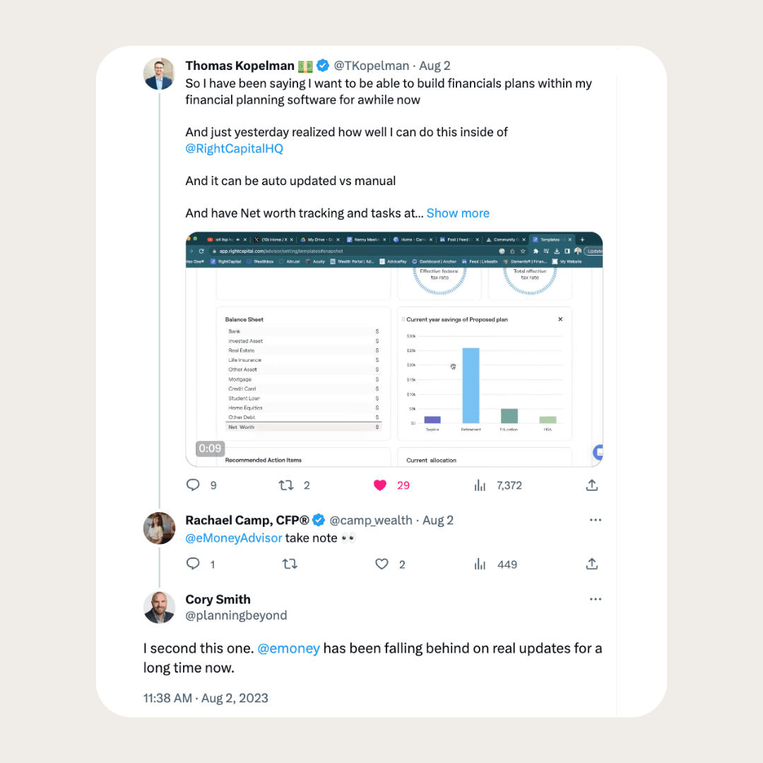 Tweets showing a RightCapital Snapshot screenshot and advisors responding for eMoney to take note and one saying "I second this one. eMoney has been falling behind on real updates for a long time now."