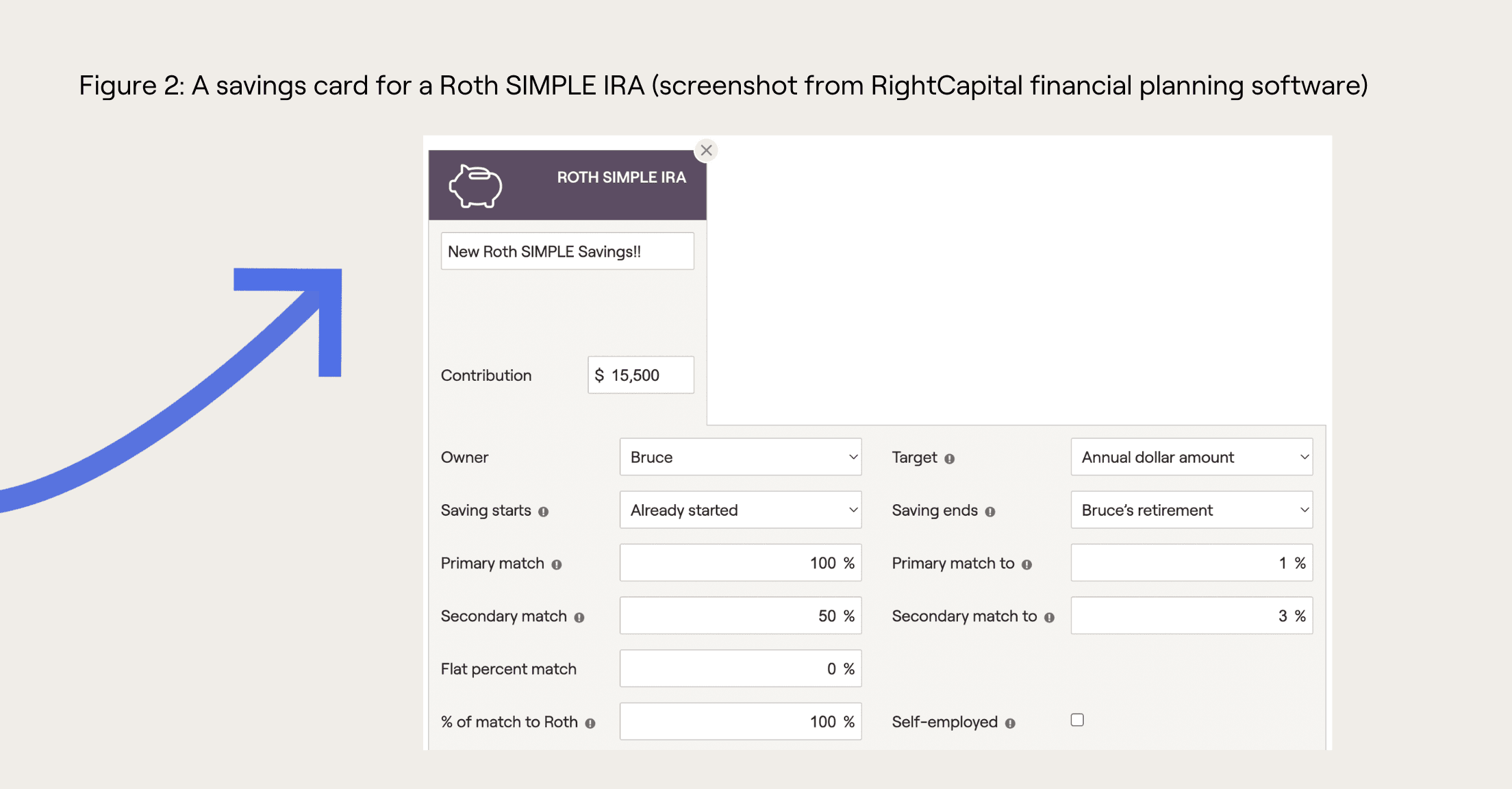 A savings card for a Roth SIMPLE IRA (screenshot from RightCapital financial planning software)