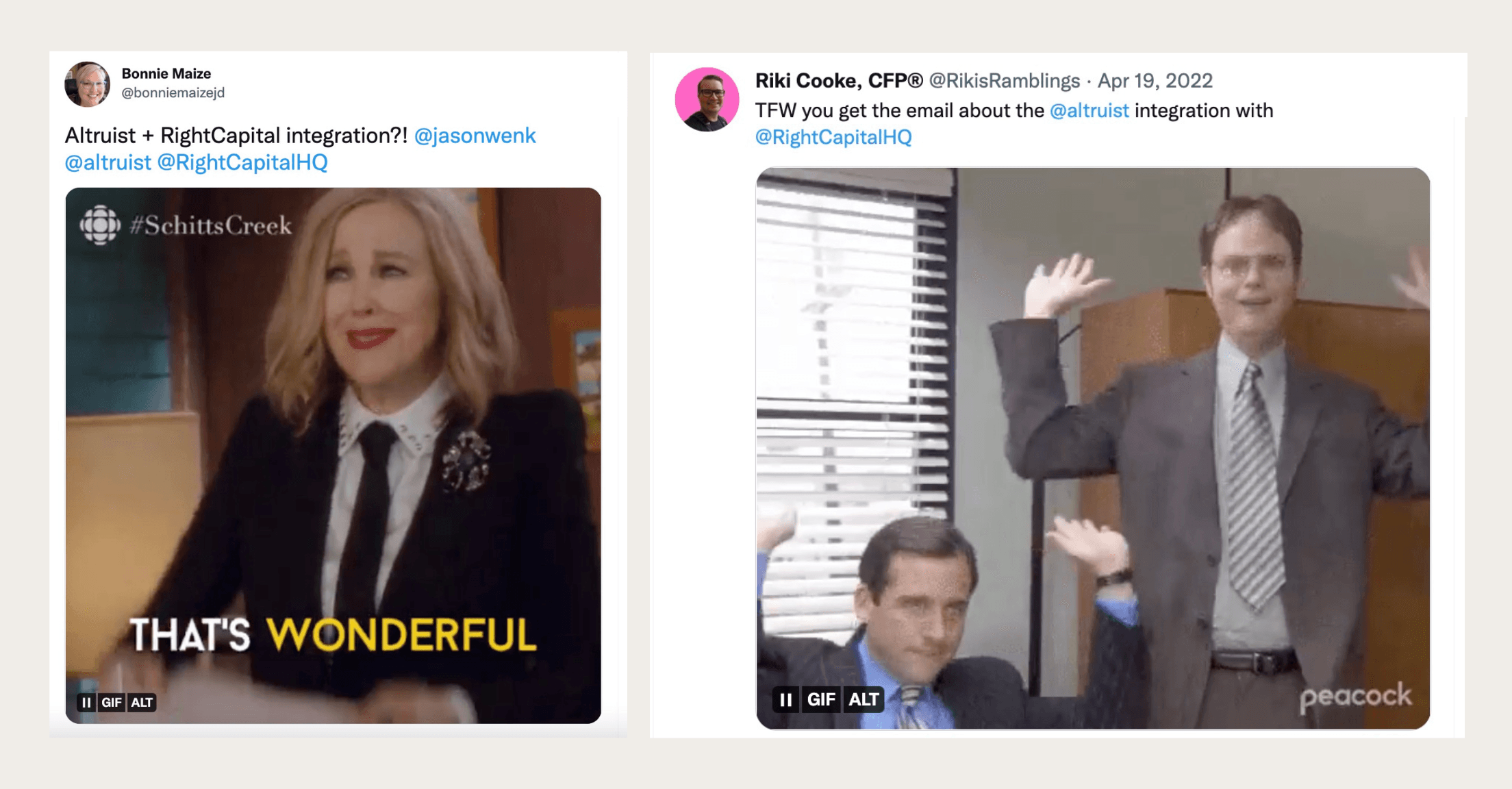 Two tweets from RightCapital advisors showing their excitement about an integration with Altruist with gifs from television shows Schitt's Creek and The Office