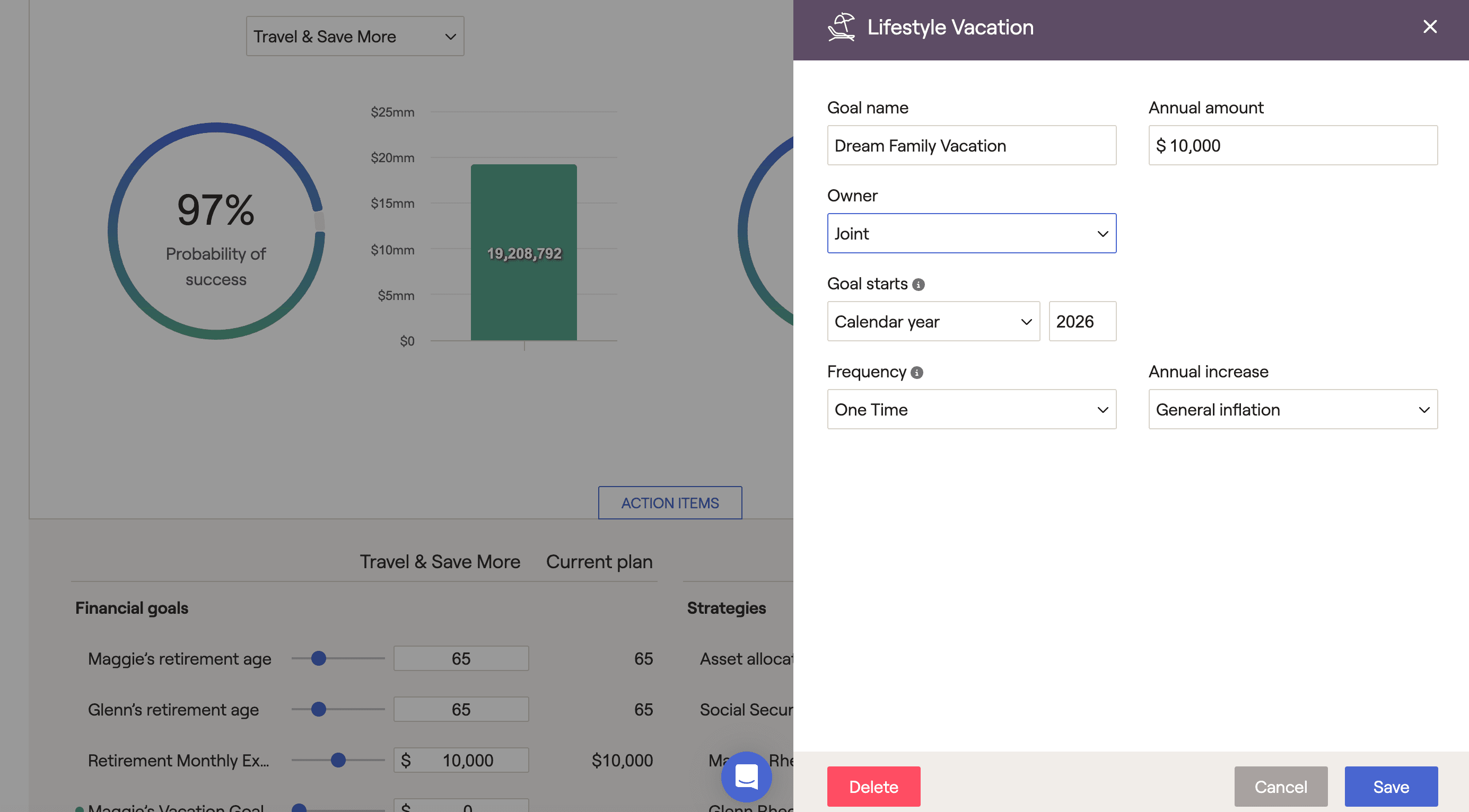 Financial planning interface showing a 97% success probability for a "Dream Family Vacation" goal with an annual amount of $10,000.