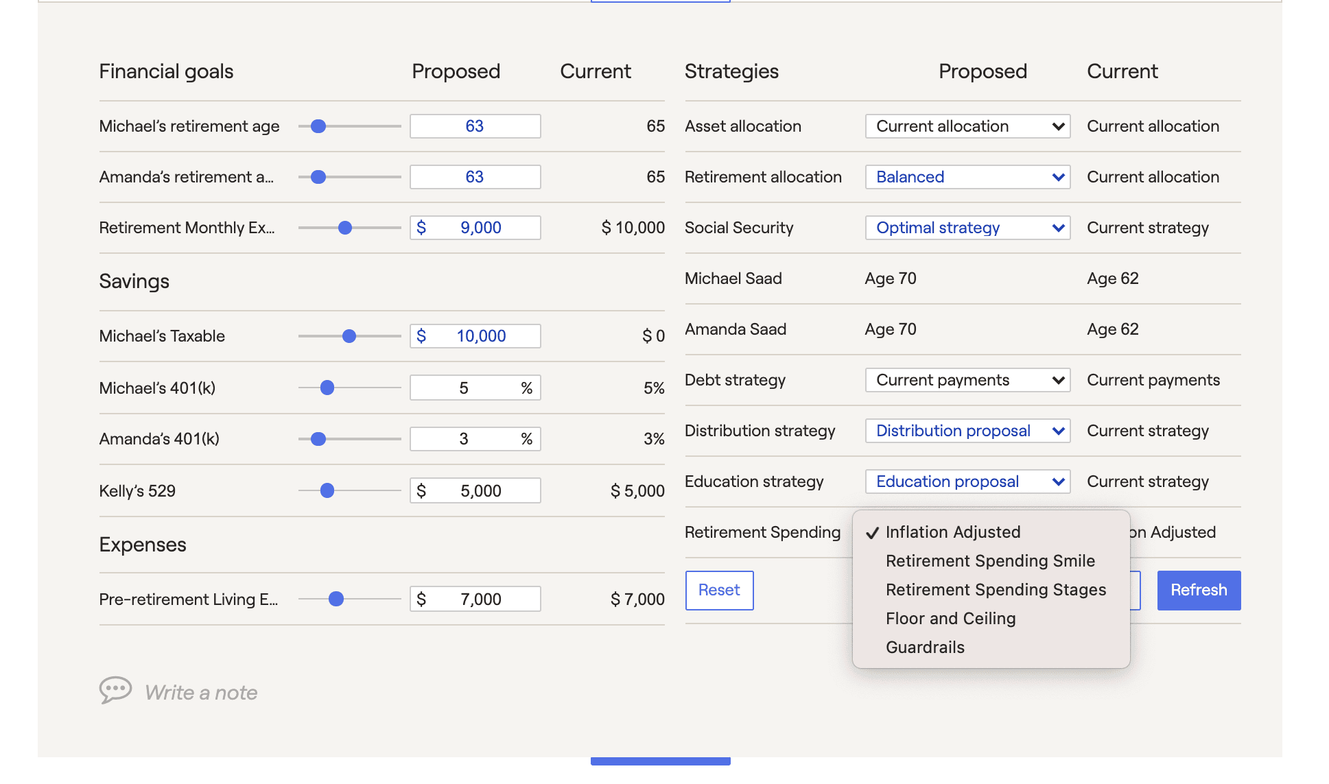 Dynamic Retirement Spending Strategies screenshot from RightCapital platform