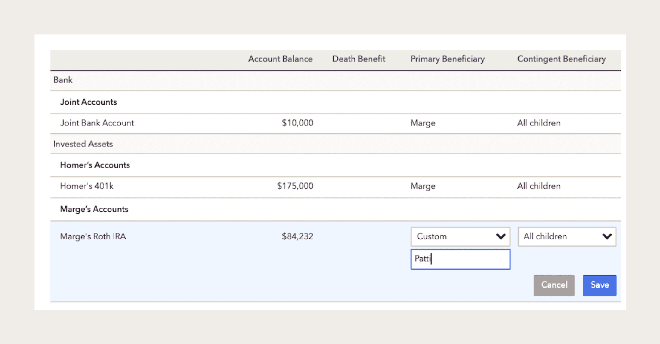 Screenshot from RightCapital financial planning software showing the Estate Planning module beneficiary tracking