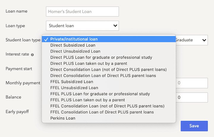 RightCapital screenshot showing the different types of student loans you can enter into the platform