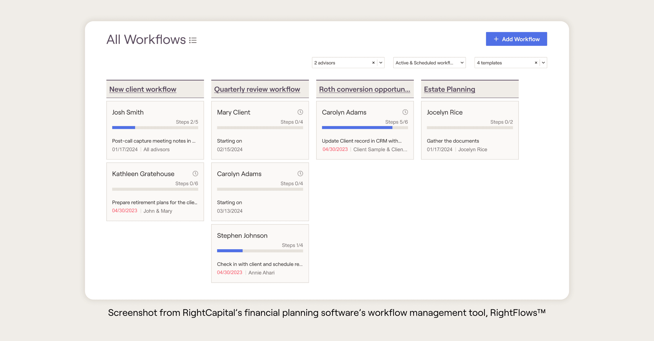 Screenshot of RightFlows, the workflow management tool within RightCapital's financial planning software