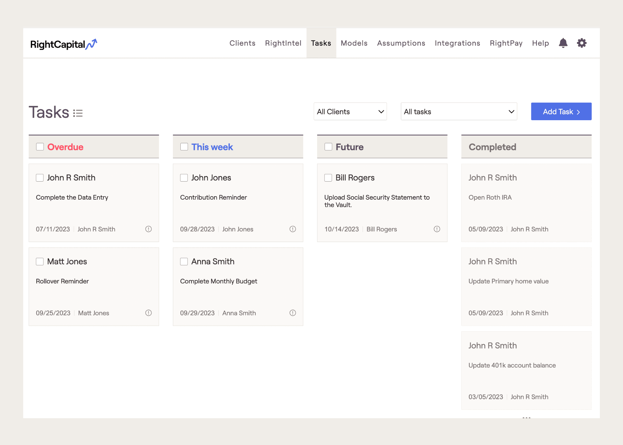 New "Board View" for RightCapital's Tasks module showing Tasks that are Overdue, This Week, Future, and Completed