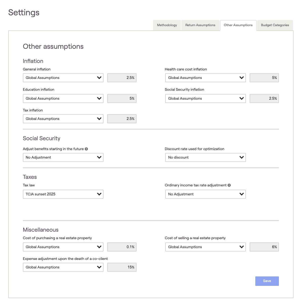 Client Assumptions screenshot from RightCapital platform