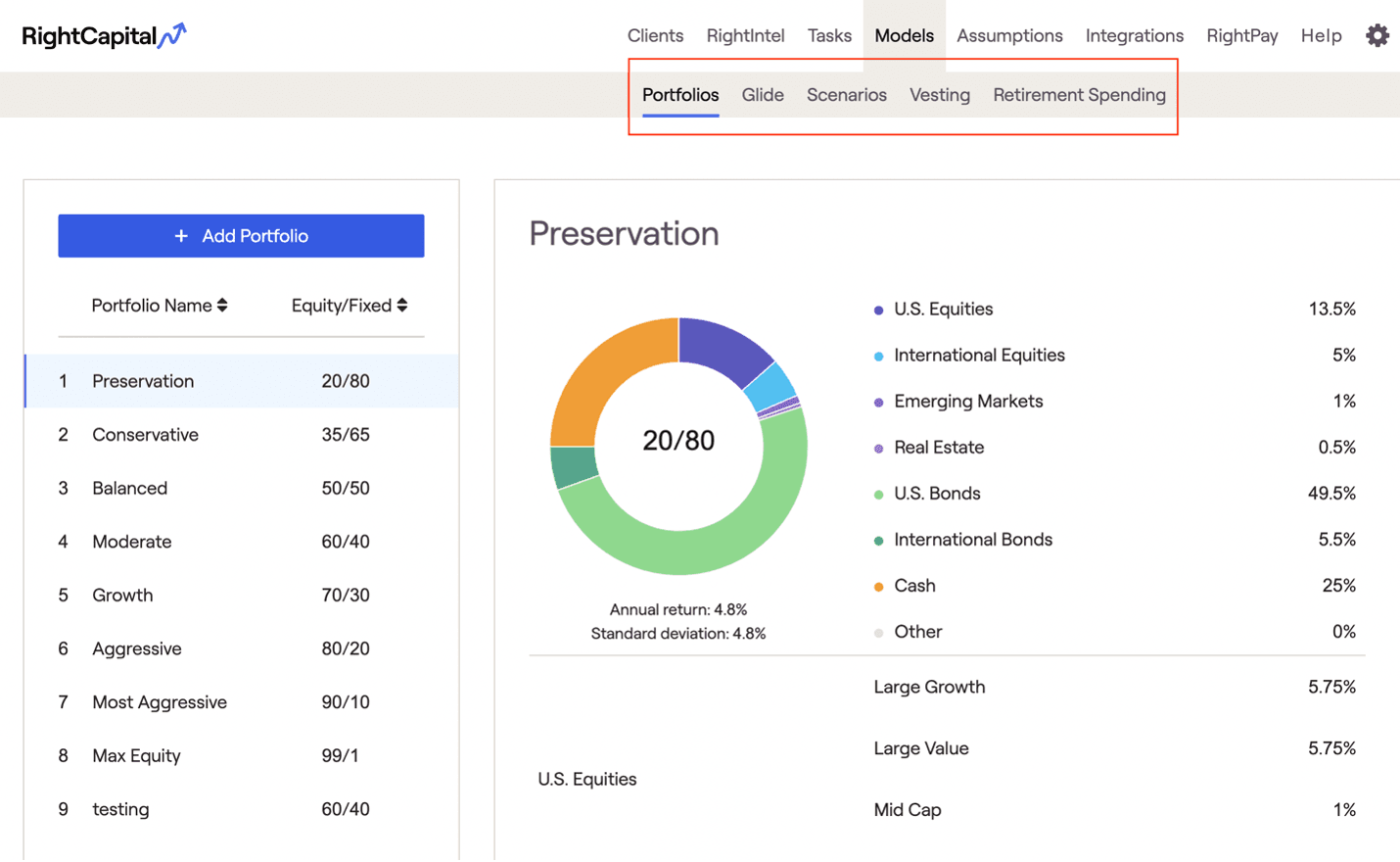 RightCapital screenshot showing the customization options in terms of models