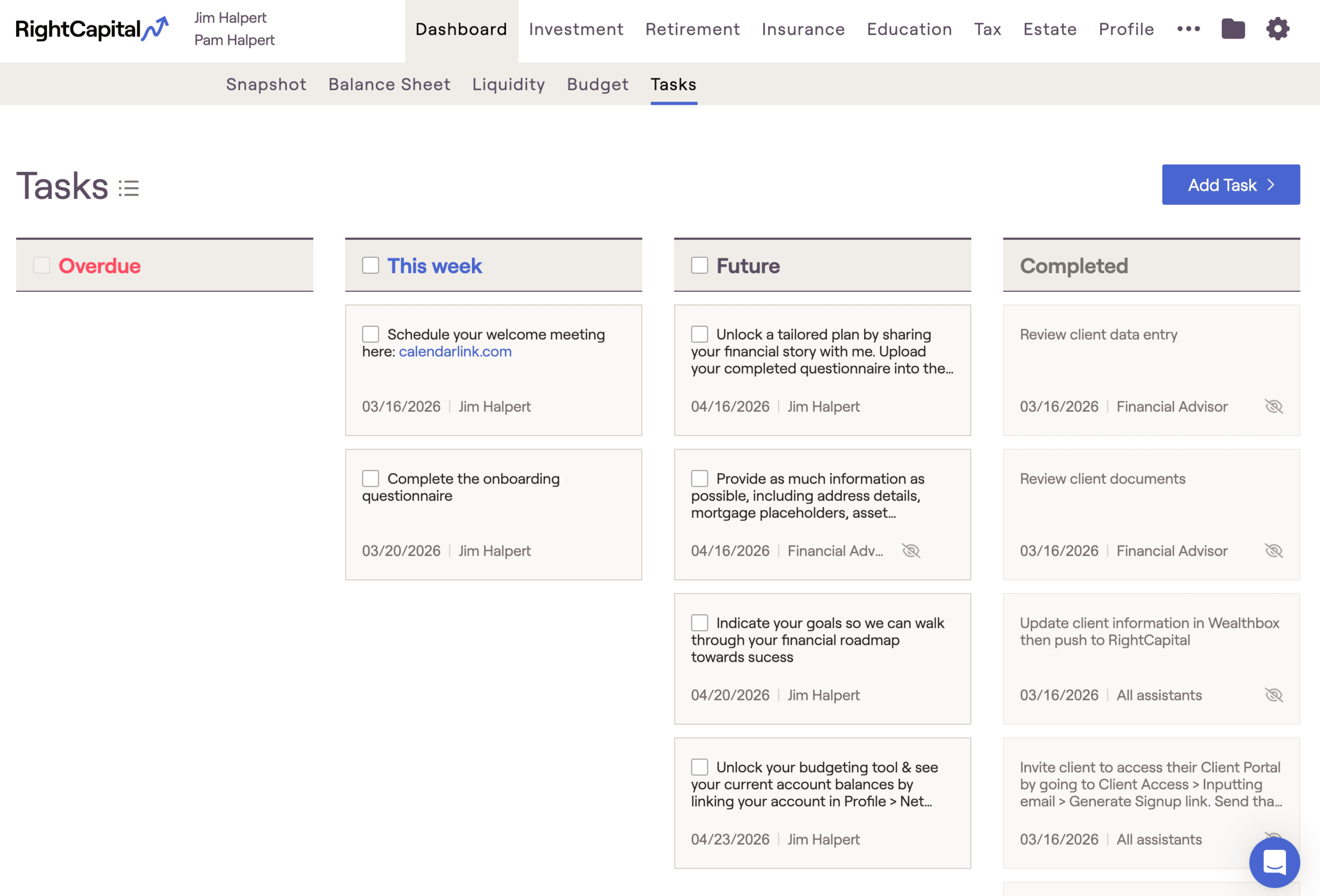 RightCapital screenshot showing the Tasks dashboard