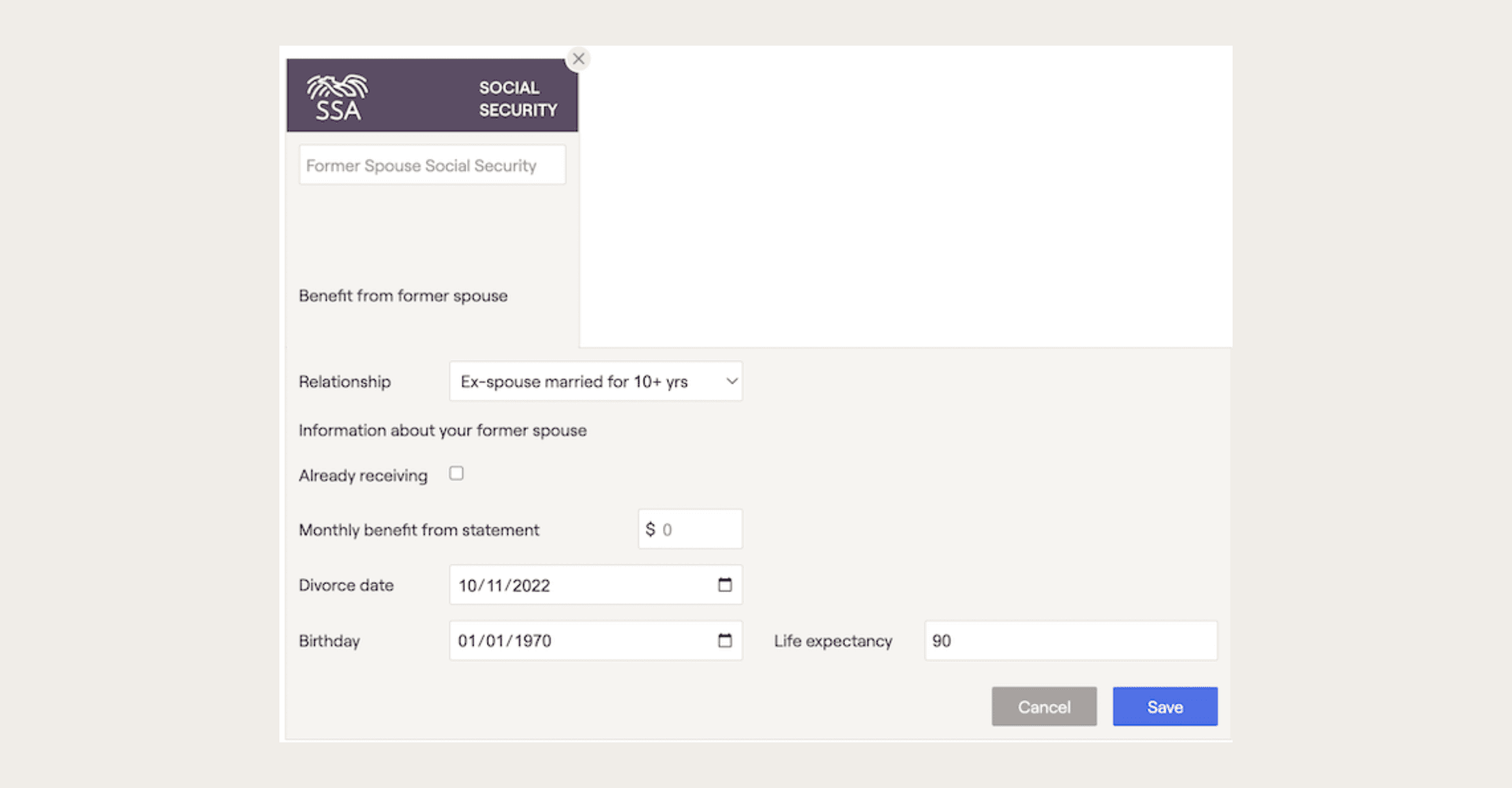 Screenshot from RightCapital showing income card for former spouse Social Security