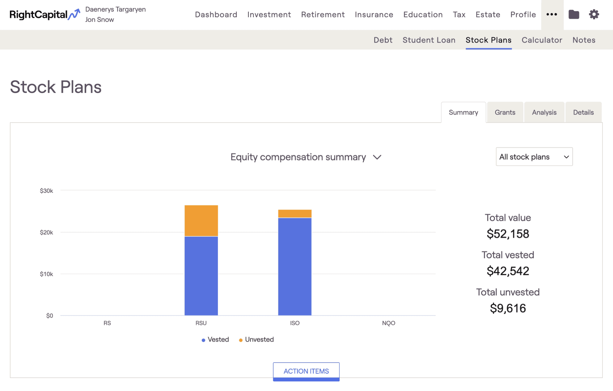 RightCapital screenshot of Stock Plans / Equity Compensation Planning financial dashboard