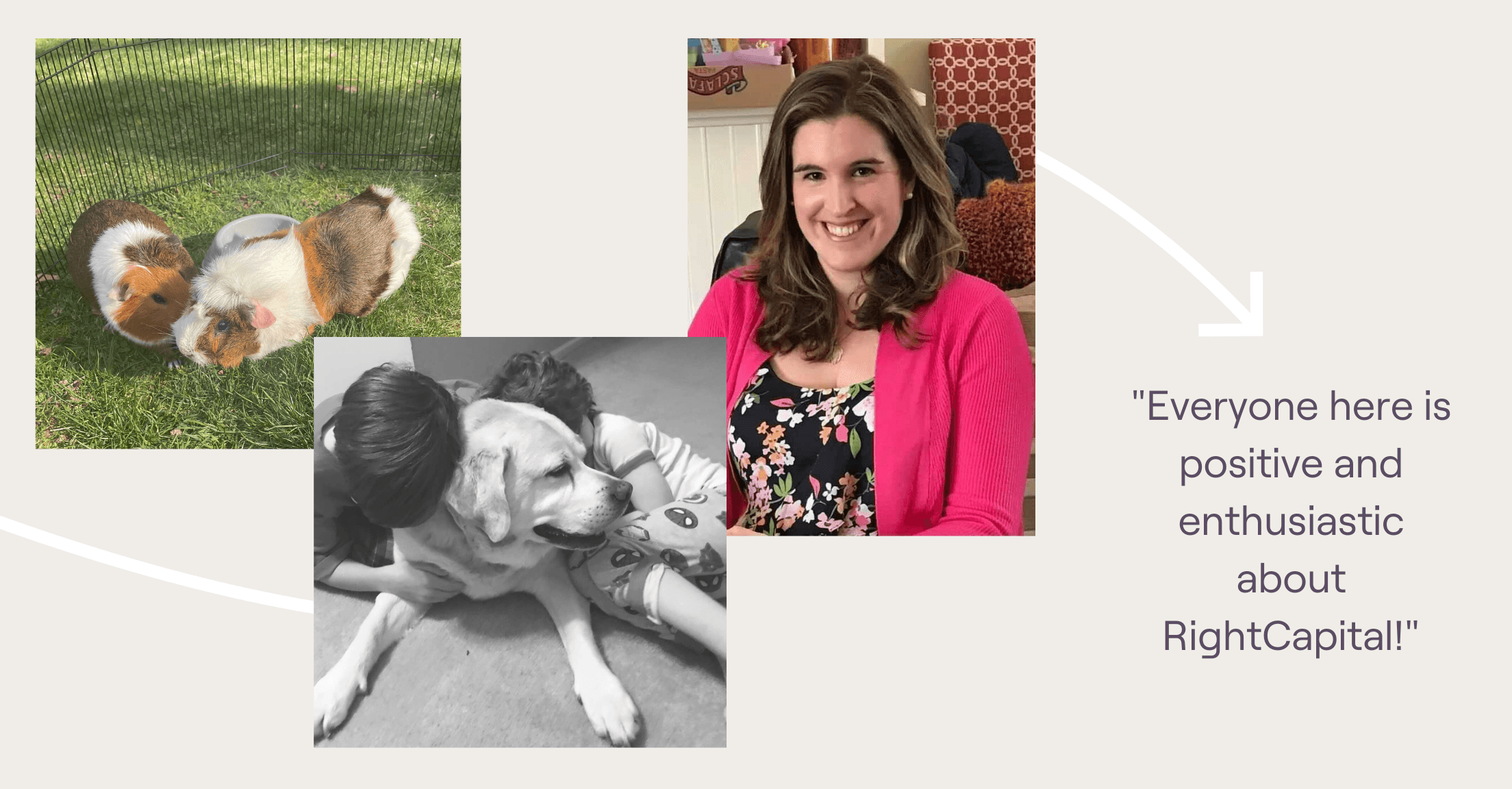 Megan on our Product Team, with photos of her guinea pigs, her kids, and dog