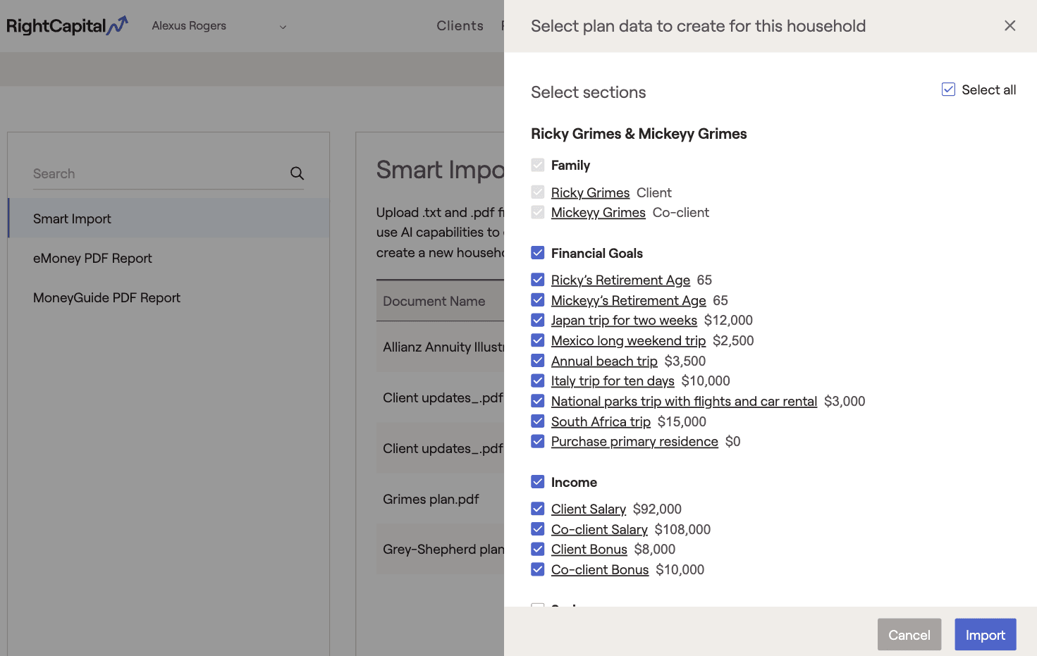 RightCapital's plan selection screen showing financial goals and income details for a household. Options to import data with Smart Import or cancel.