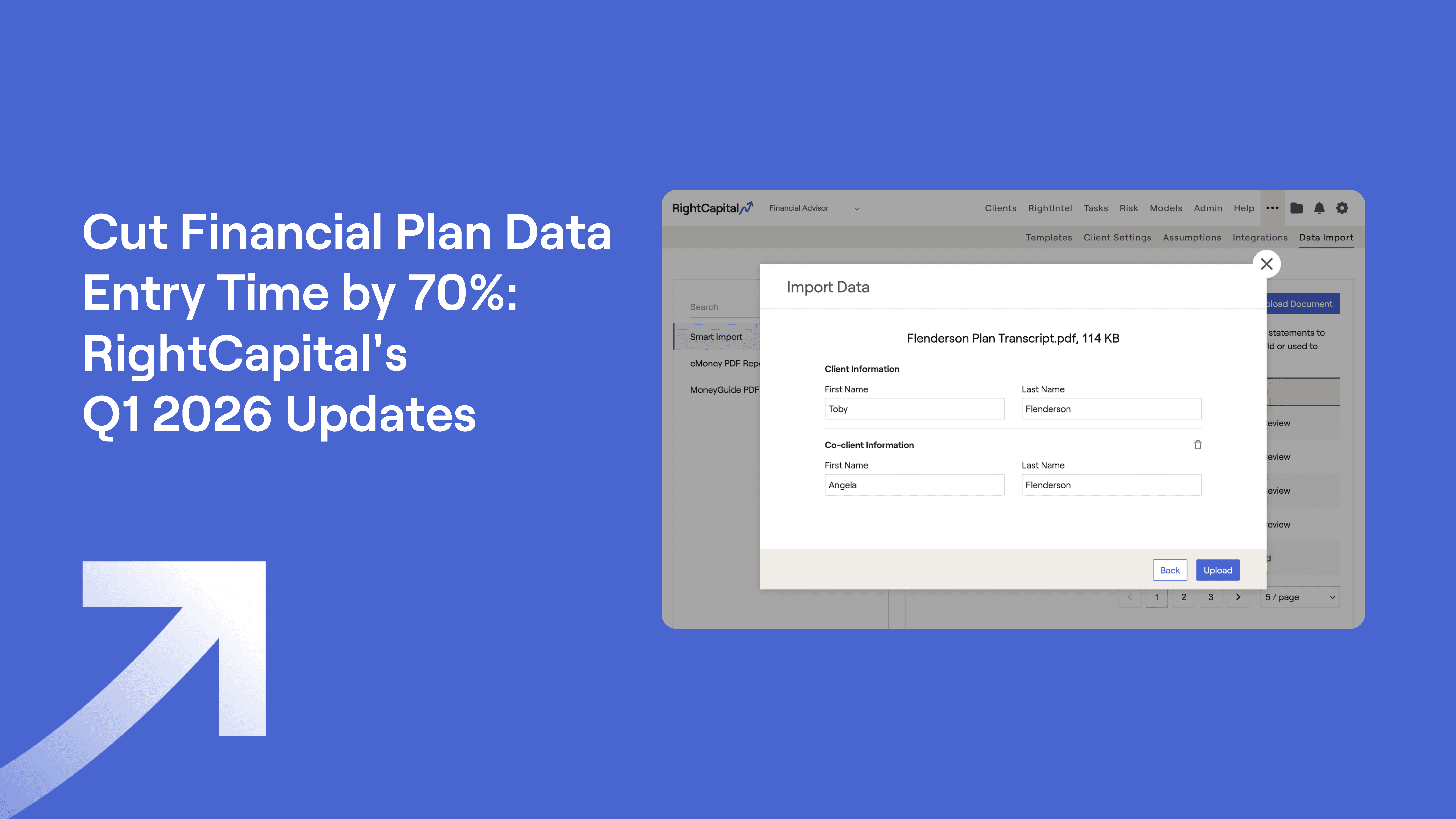 RightCapital screenshot of Smart Import and text "Cut Financial Plan Data Entry Time by 70%: RightCapital's Q1 2026 Updates"