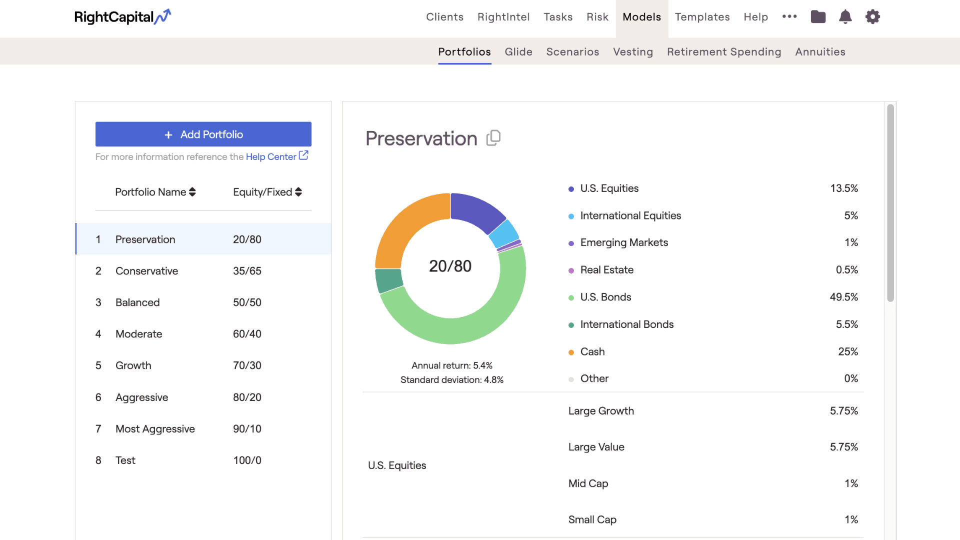 Screenshot of RightCapital's Models section within the advisor portal