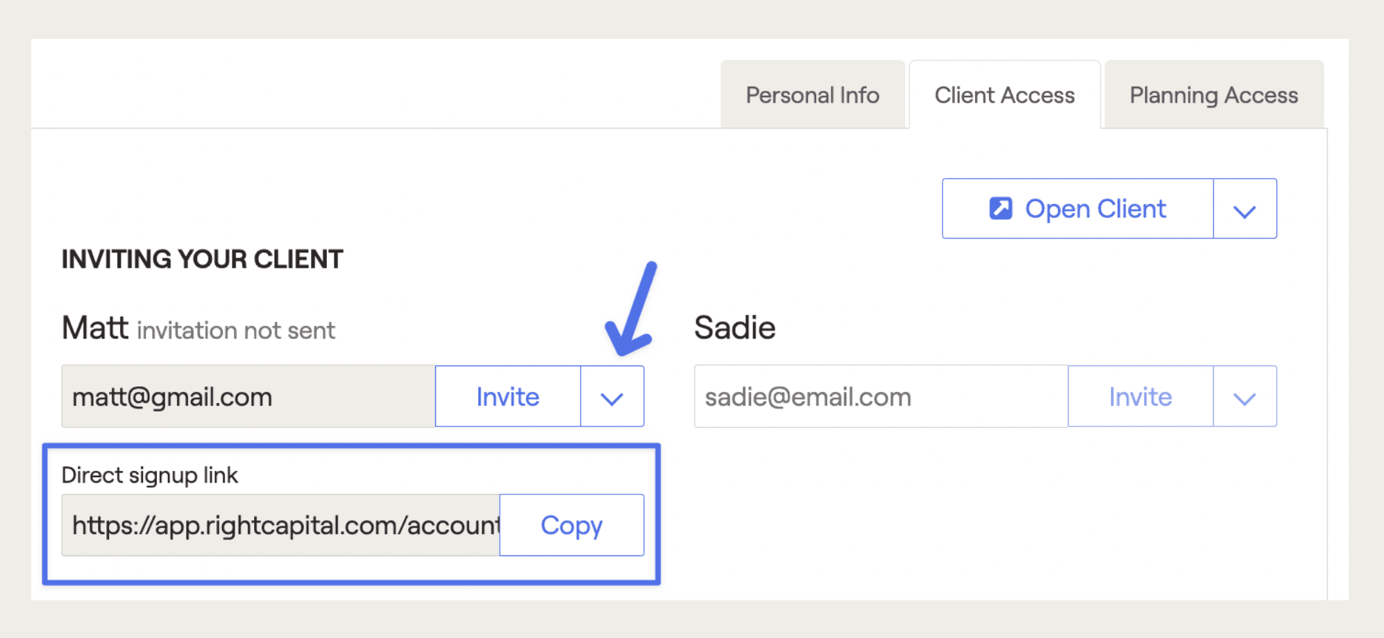 Screenshot from RightCapital's financial planning software showing the client invite link that can be copied/pasted into advisor communication
