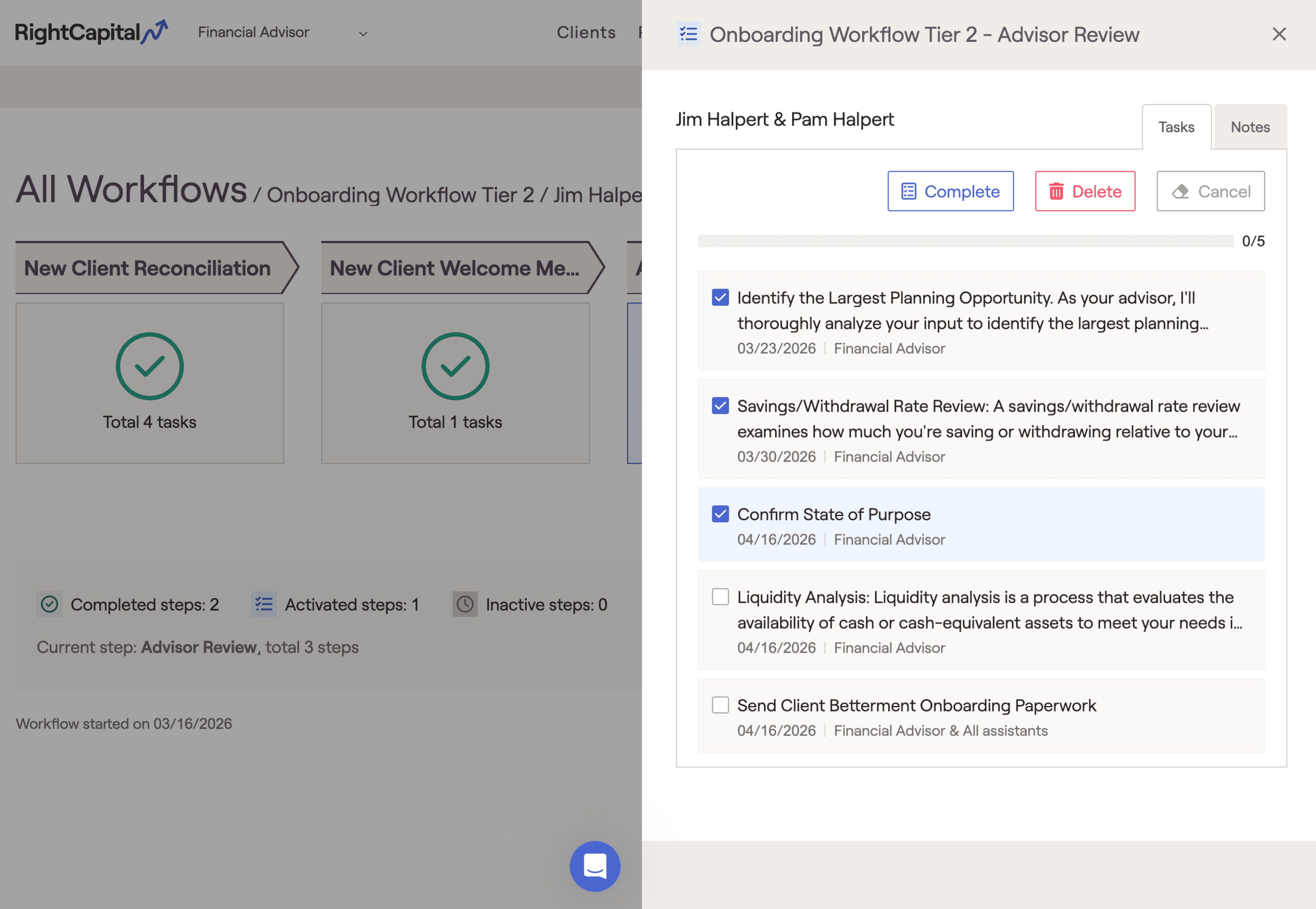 RightCapital screenshot showing Tasks and RightFlows