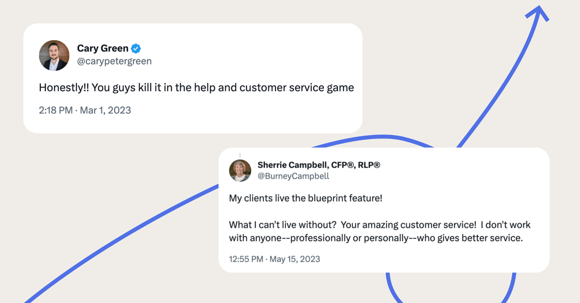 A tweet from an advisor saying to RightCapital "Honestly!! You guys kill it in the help and customer service game" and another saying to us "What can't I live without? Your amazing customer service! I don't work with anyone--professionally or personally--who gives better service."