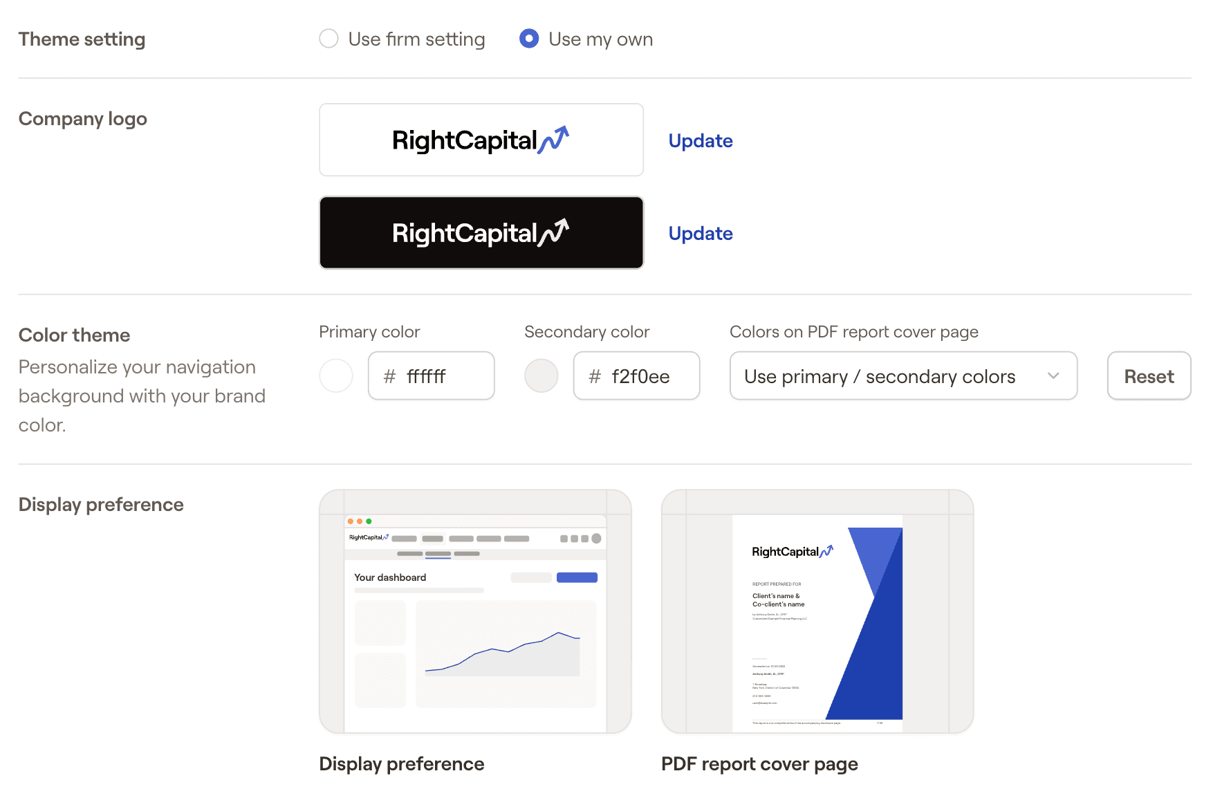 RightCapital's customization section within the advisor portal