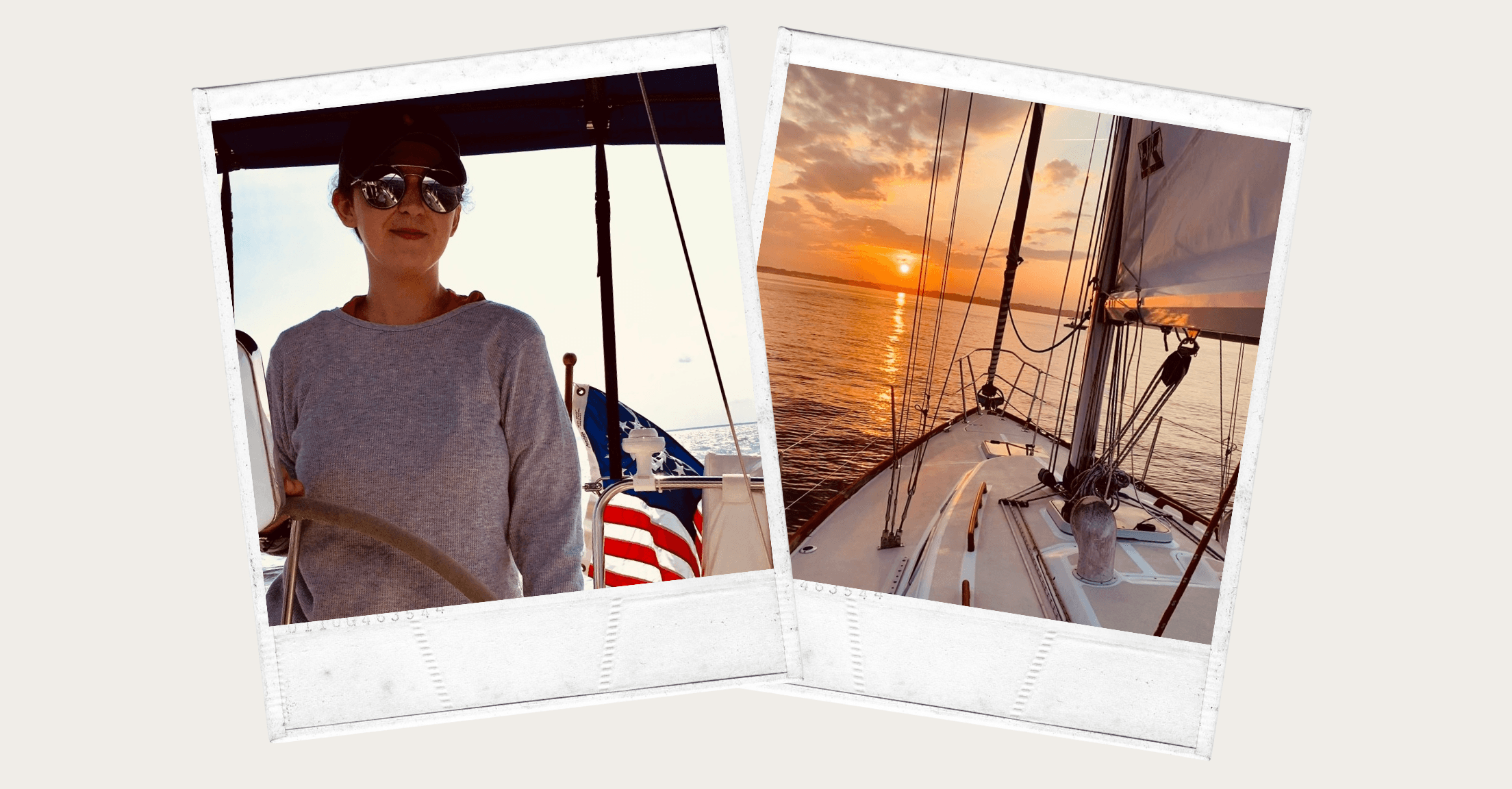 Two photos of sailing, one of Rileigh on the RightCapital Onboarding Team and one of a sunset from the boat
