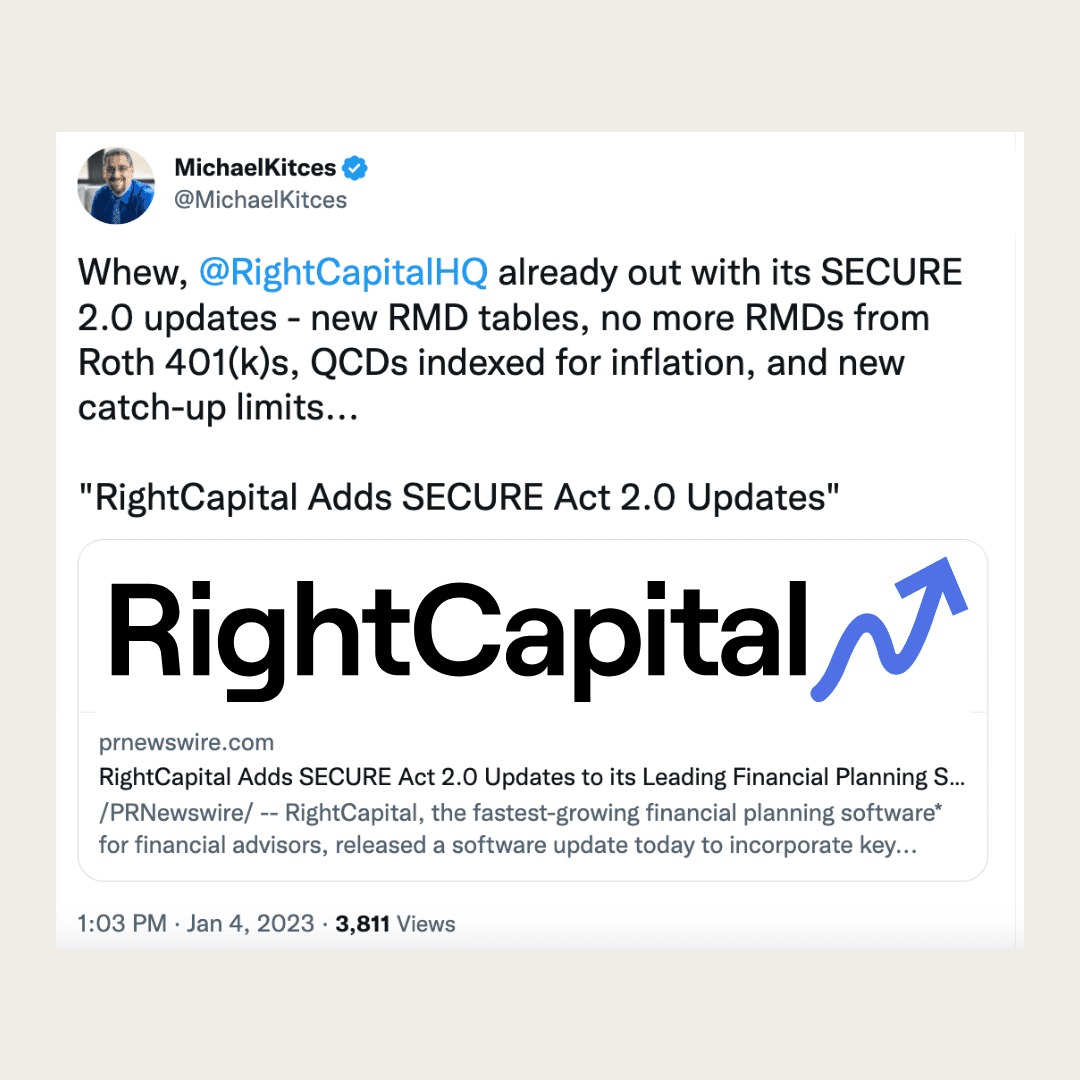 Tweet from Michael Kitces about the RightCapital SECURE 2.0 changes
