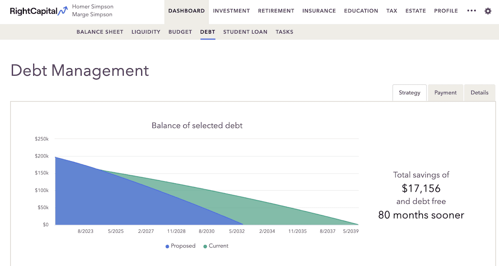 RightCapital screenshot showing debt management plans