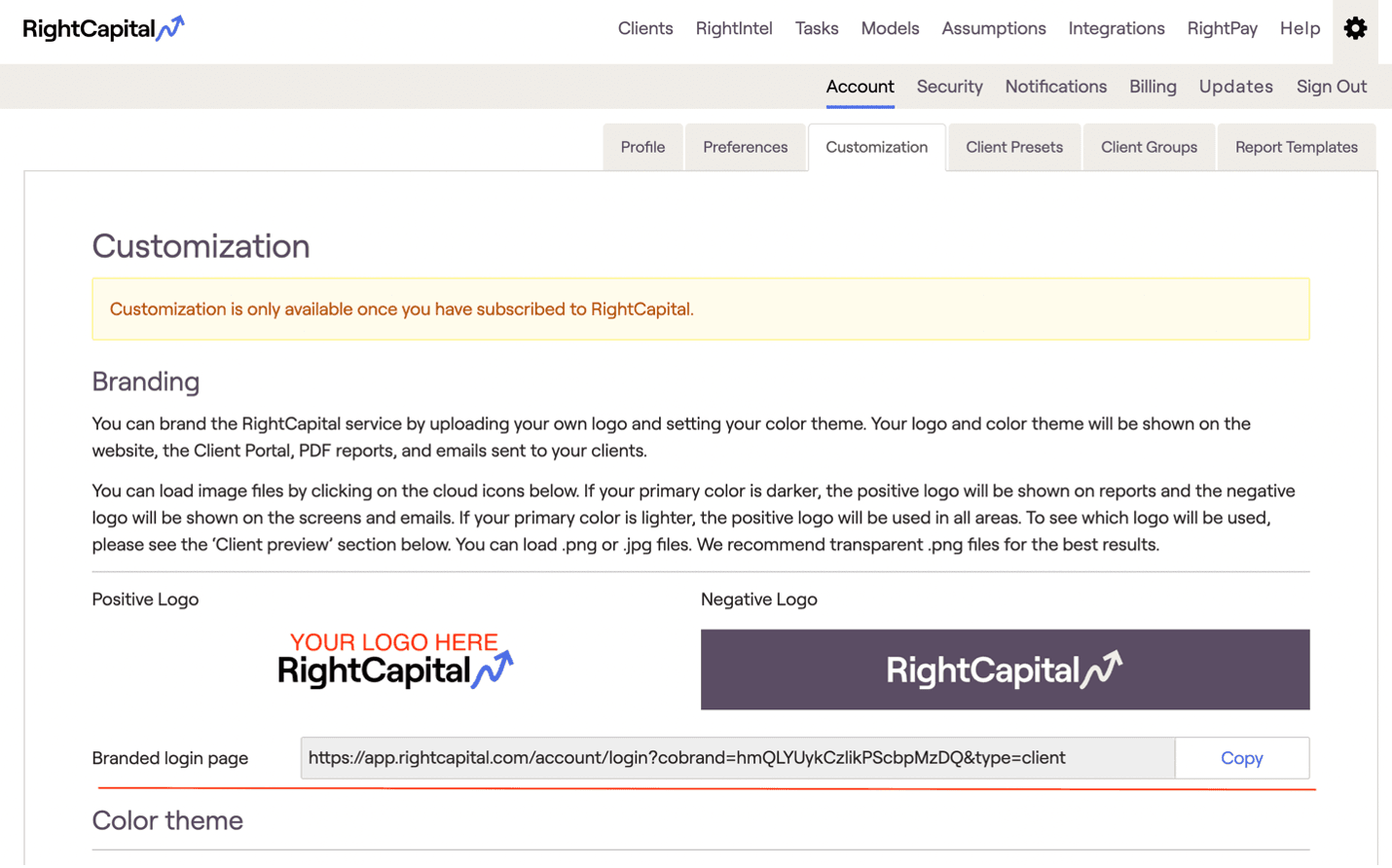 RightCapital screenshot showing the customization options in terms of branding, logo, and color