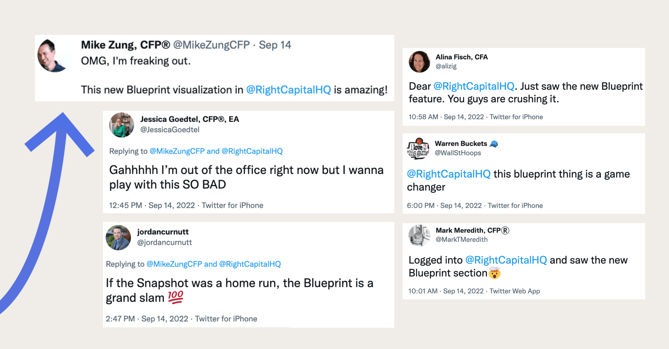Screenshots of tweets from advisors getting excited about RightCapital's Blueprint feature