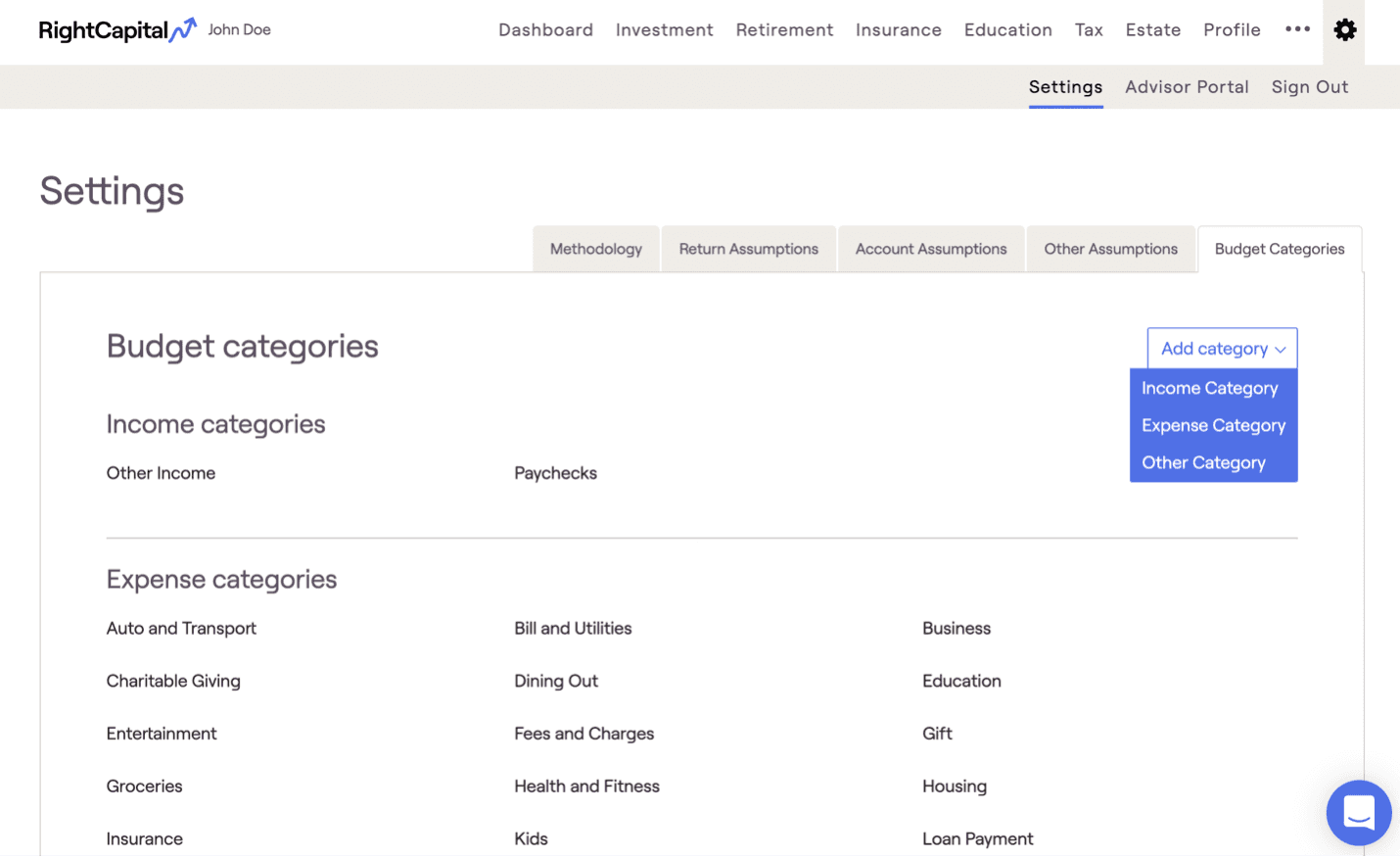 RightCapital screenshot showing the customization options in terms of custom expenses