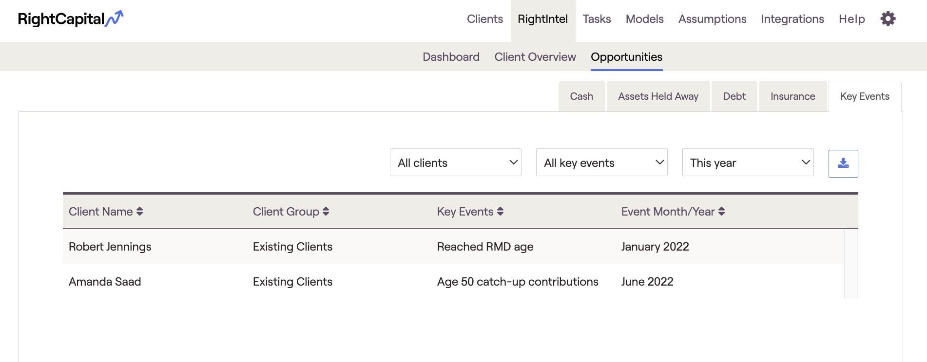 RightCapital screenshot of RightIntel and the Key Events tab